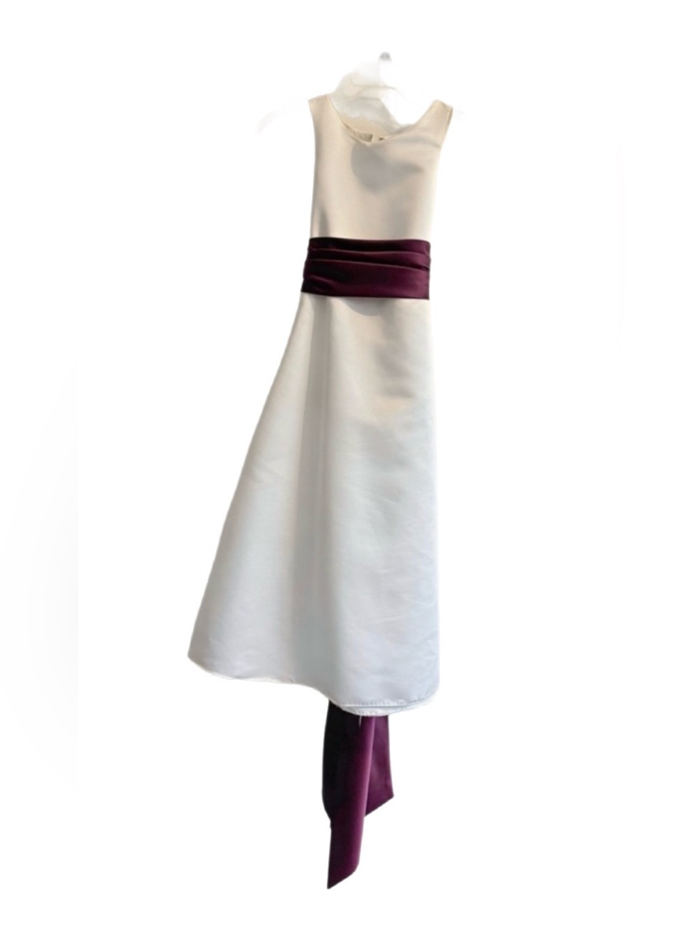 BILL LEVKOFF Flower Girl Dress – White with Deep Purple Sash | As-Is Size 8